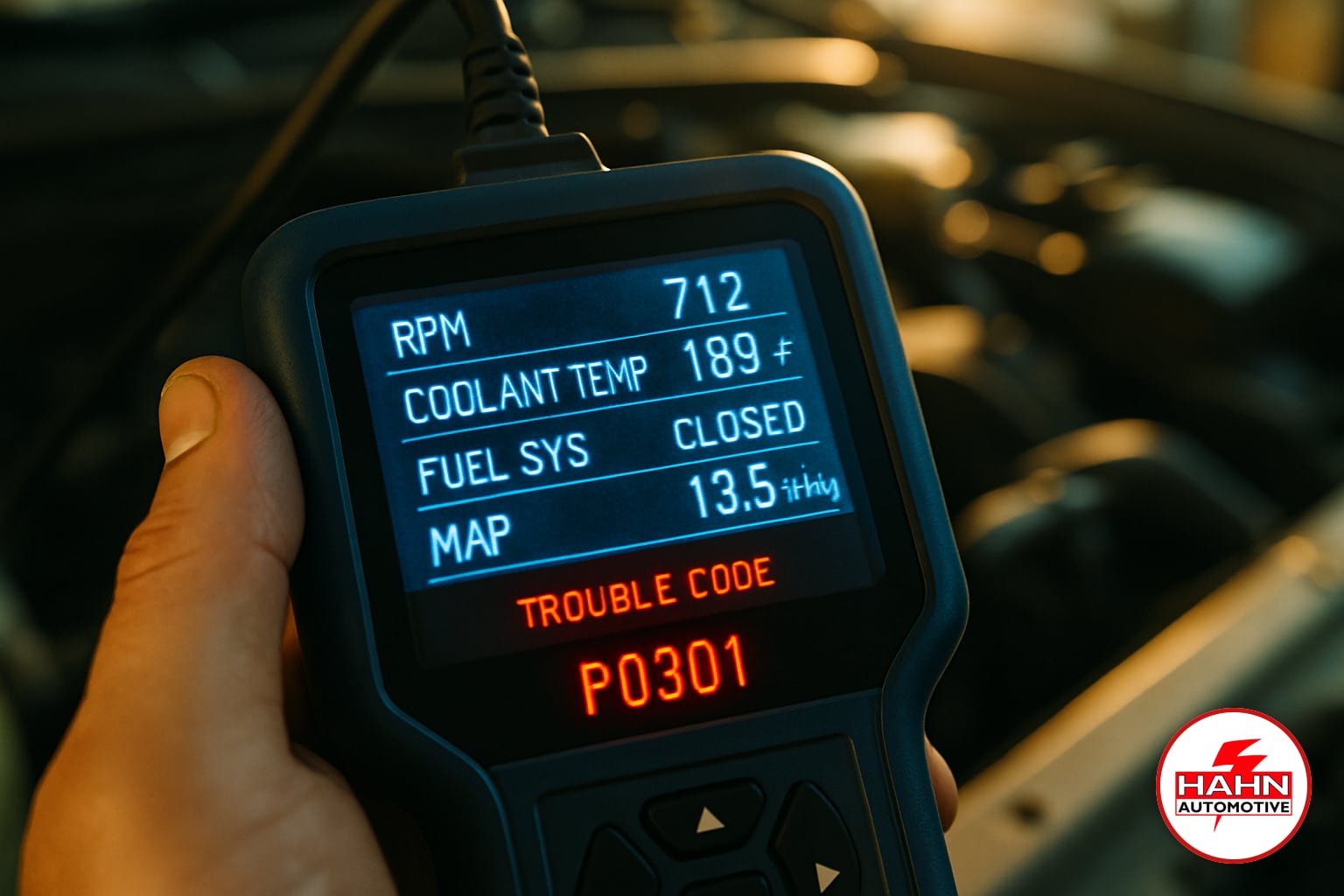 Hahn Automotive technician detail shot — engine diagnostics