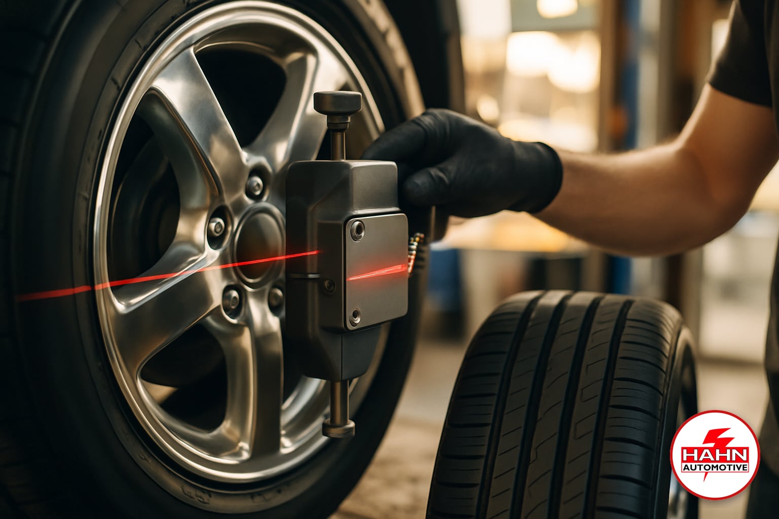 Hahn Automotive technician detail shot — wheel alignment